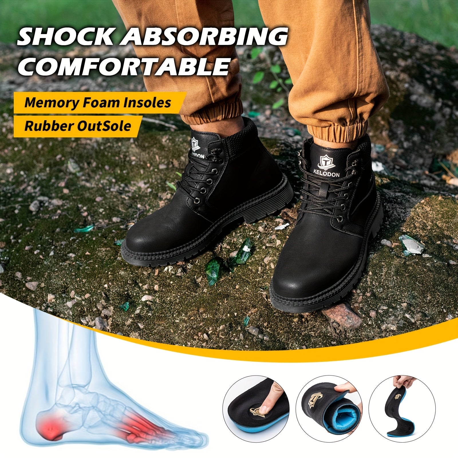 Men’s Heavy Duty Steel Toe Work Boots – 6 Inch Slip-Resistant Industrial Outdoor Shoes | All-Terrain Rubber Sole | Cushioned Arch Support | All Season Construction Safety Boots
