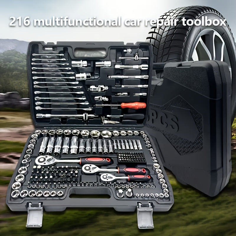 216/46pcs Mechanical Tool Socket Set, 1/2” 1/4” 3/8” Drive SAE and Metric Sizes, Universal Ratchet Wrench Kit with 72-Tooth Ratchets for Automotive, Home, Garage, Bicycle Trunk Use