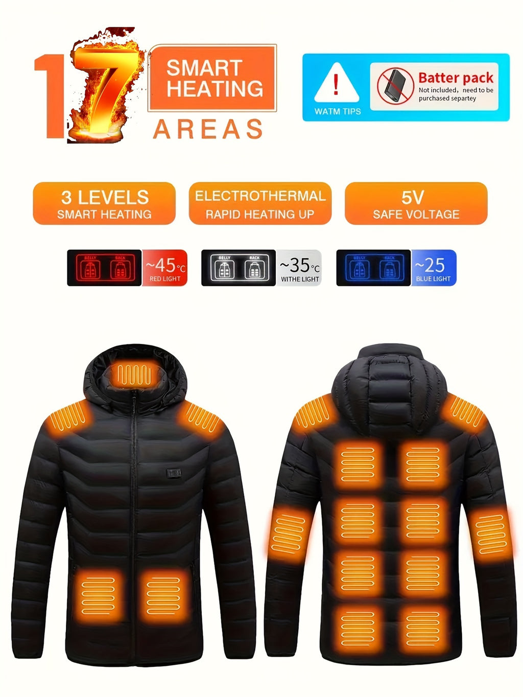 Men’s 17-Zone Heated Jacket – Dual Control USB Electric Winter Coat by Pearson Select