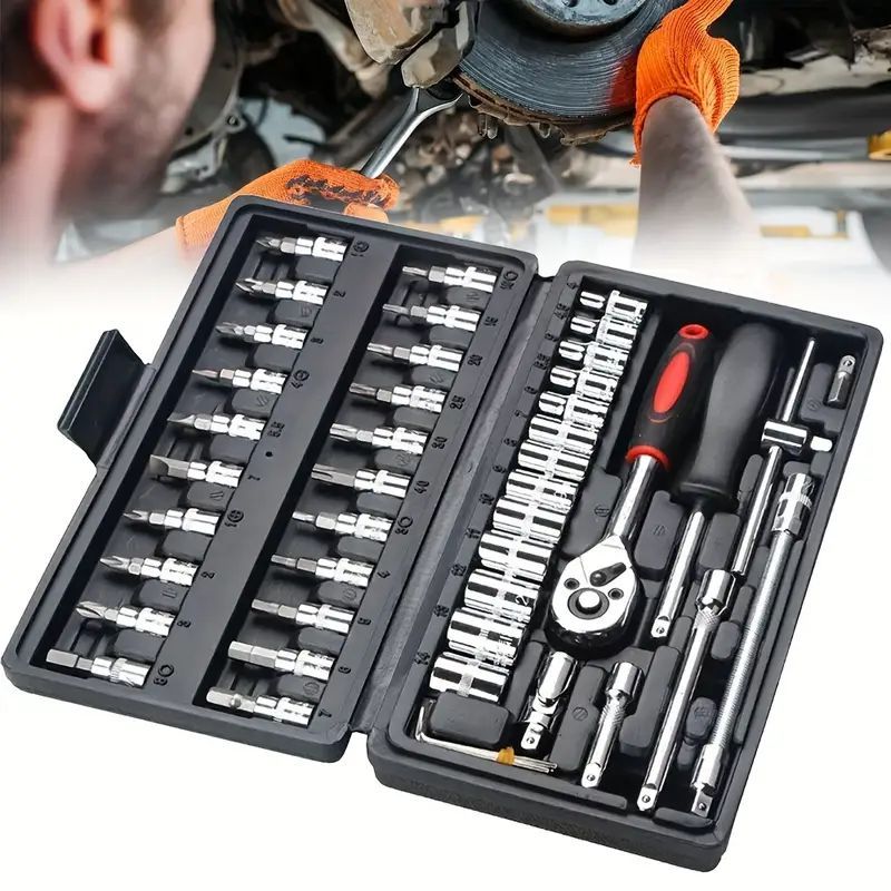 46-Piece Heavy Duty Socket Wrench Tool Set – Universal Car & Motorcycle Repair Kit with Storage Case