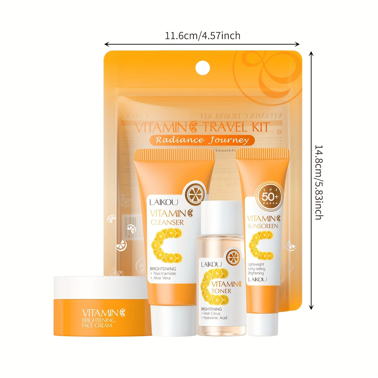 LAIKOU Vitamin C Skincare Travel Set of 4, Including Gentle Cleansing Face Wash Toner Day And Night Cream, And Sun Cream