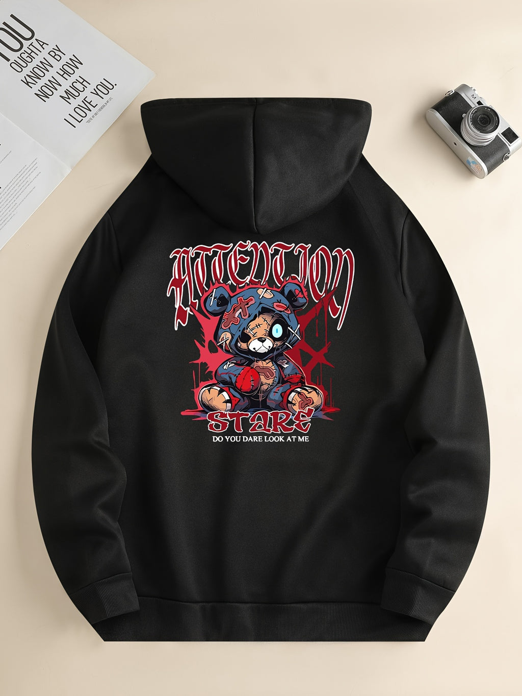 Men’s Cartoon Bear Graphic Hoodie – Casual Pullover with Kangaroo Pocket