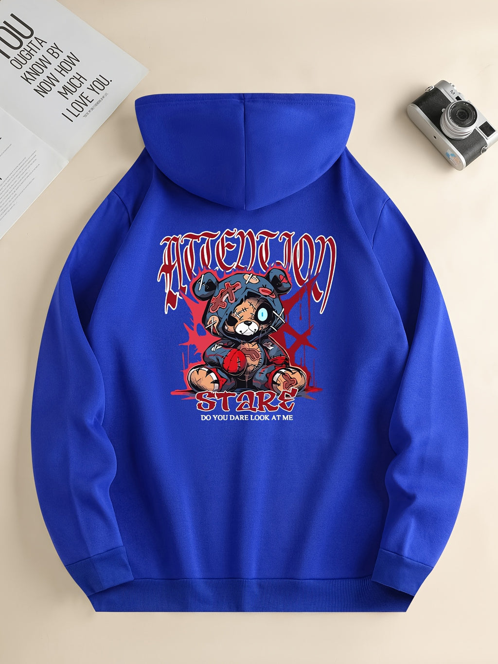 Men’s Cartoon Bear Graphic Hoodie – Casual Pullover with Kangaroo Pocket
