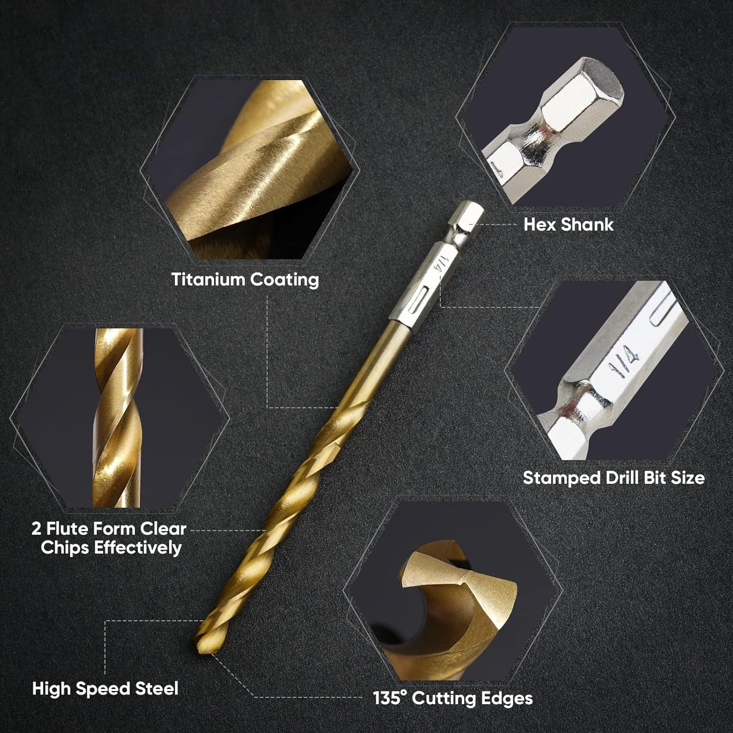 2x 50pcs Titanium Coated High-Speed Steel Twist Drill Bit Set, Hex Shank Multi-Size Drill Bits for Metal, Wood, Plastic