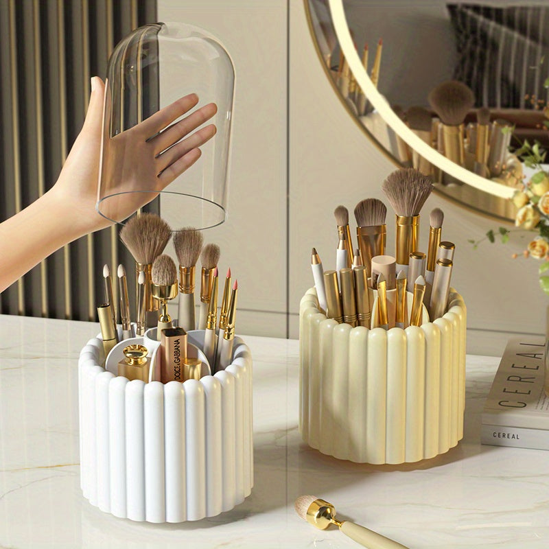 360° Rotating Makeup Brush Storage Organizer – Clear Cosmetic Vanity Holder with Dust Cover | Multi-Purpose Desktop Storage Box | Bathroom & Dressing Table Organizer