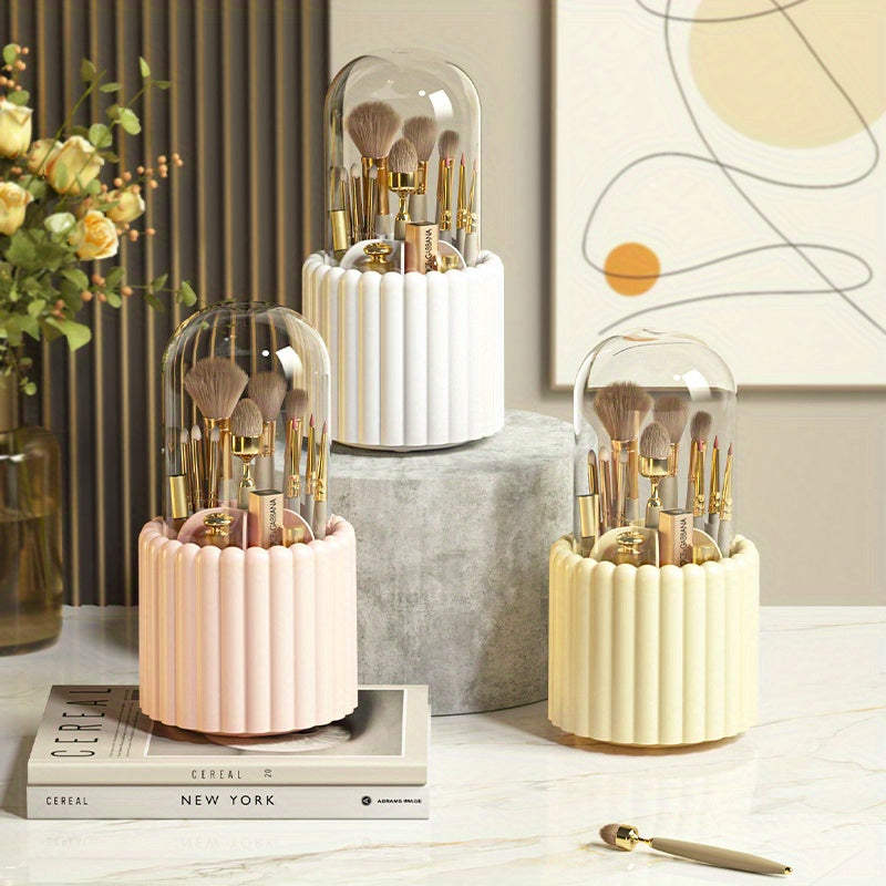360° Rotating Makeup Brush Storage Organizer – Clear Cosmetic Vanity Holder with Dust Cover | Multi-Purpose Desktop Storage Box | Bathroom & Dressing Table Organizer