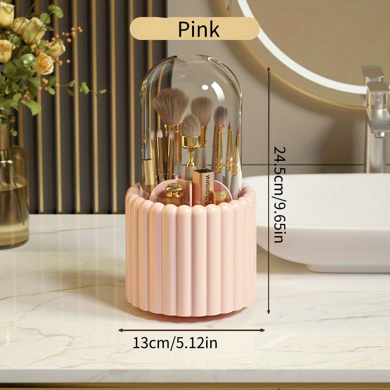 360° Rotating Makeup Brush Storage Organizer – Clear Cosmetic Vanity Holder with Dust Cover | Multi-Purpose Desktop Storage Box | Bathroom & Dressing Table Organizer