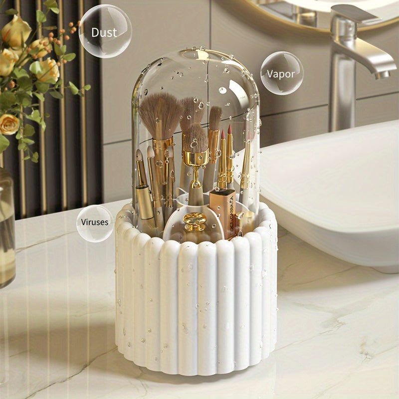 360° Rotating Makeup Brush Storage Organizer – Clear Cosmetic Vanity Holder with Dust Cover | Multi-Purpose Desktop Storage Box | Bathroom & Dressing Table Organizer