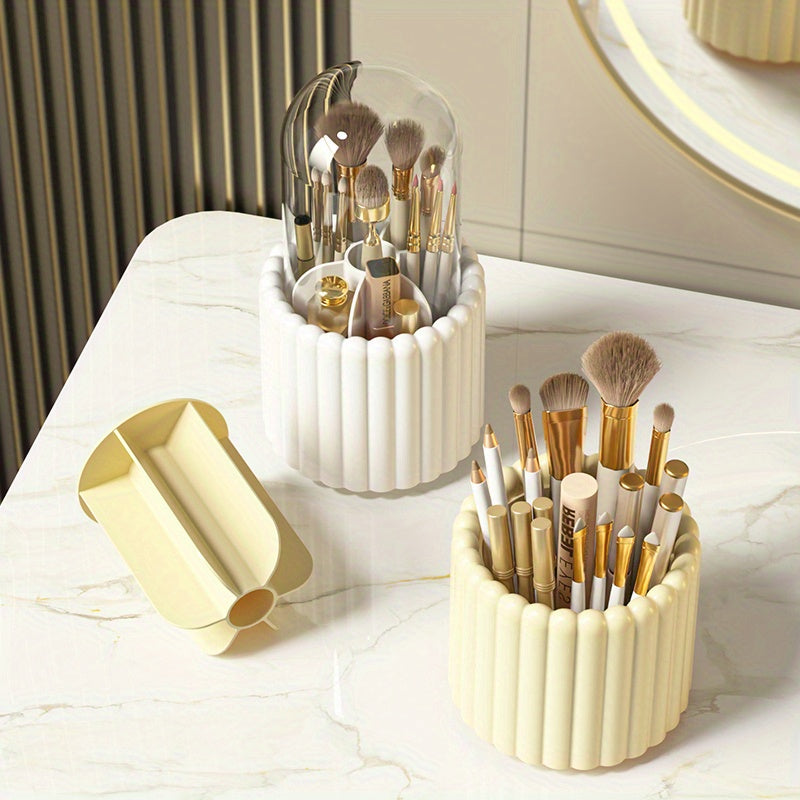360° Rotating Makeup Brush Storage Organizer – Clear Cosmetic Vanity Holder with Dust Cover | Multi-Purpose Desktop Storage Box | Bathroom & Dressing Table Organizer