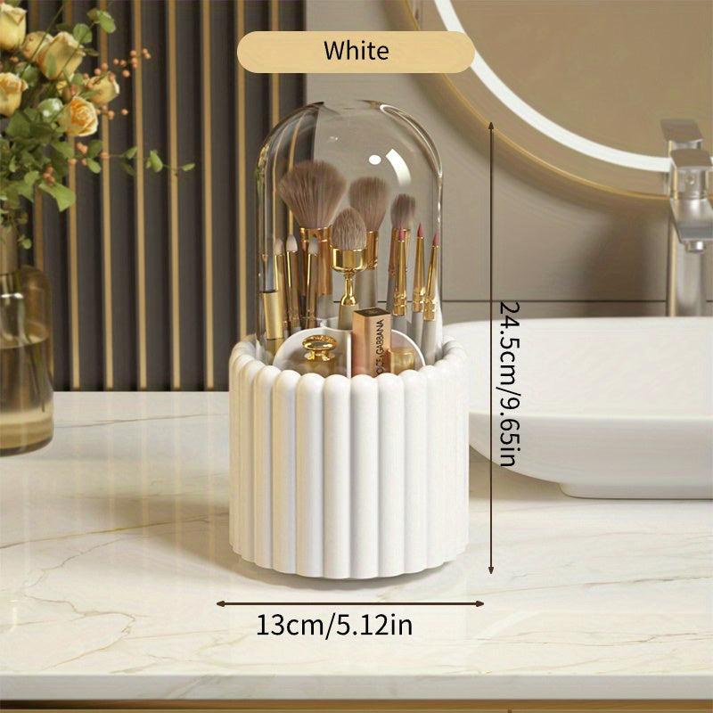 360° Rotating Makeup Brush Storage Organizer – Clear Cosmetic Vanity Holder with Dust Cover | Multi-Purpose Desktop Storage Box | Bathroom & Dressing Table Organizer