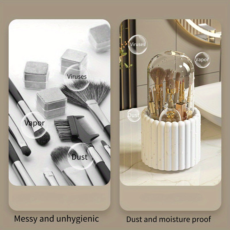360° Rotating Makeup Brush Storage Organizer – Clear Cosmetic Vanity Holder with Dust Cover | Multi-Purpose Desktop Storage Box | Bathroom & Dressing Table Organizer