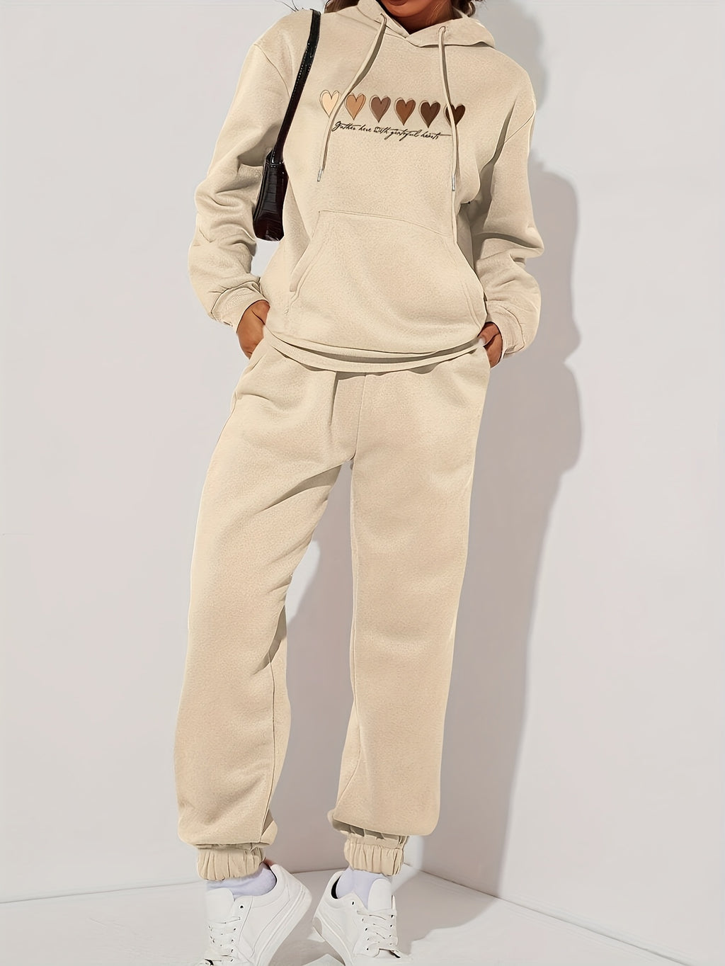 Heart Print Kangaroo Pocket Hoodie, Casual Long Sleeve Drawstring Hoodies Sweatshirt, Women's Clothing