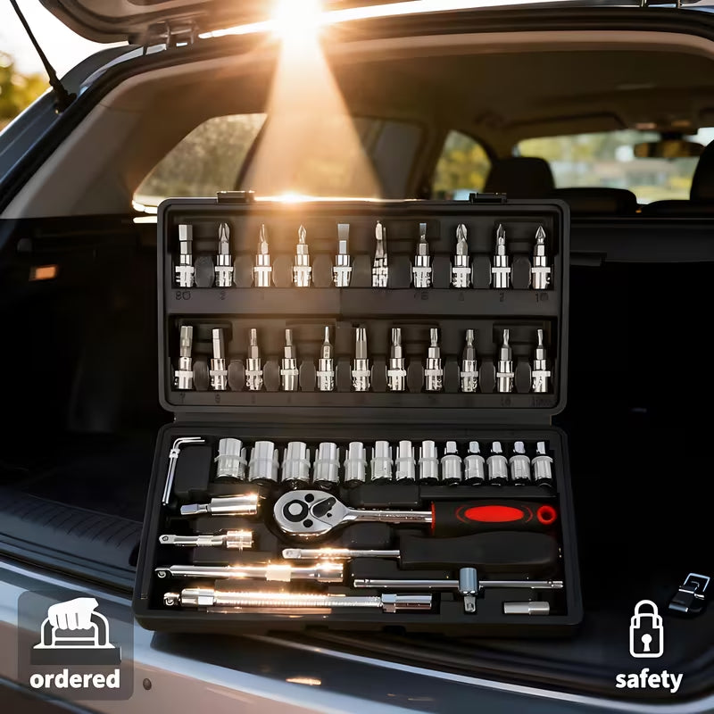 46-Piece Heavy Duty Socket Wrench Tool Set – Universal Car & Motorcycle Repair Kit with Storage Case
