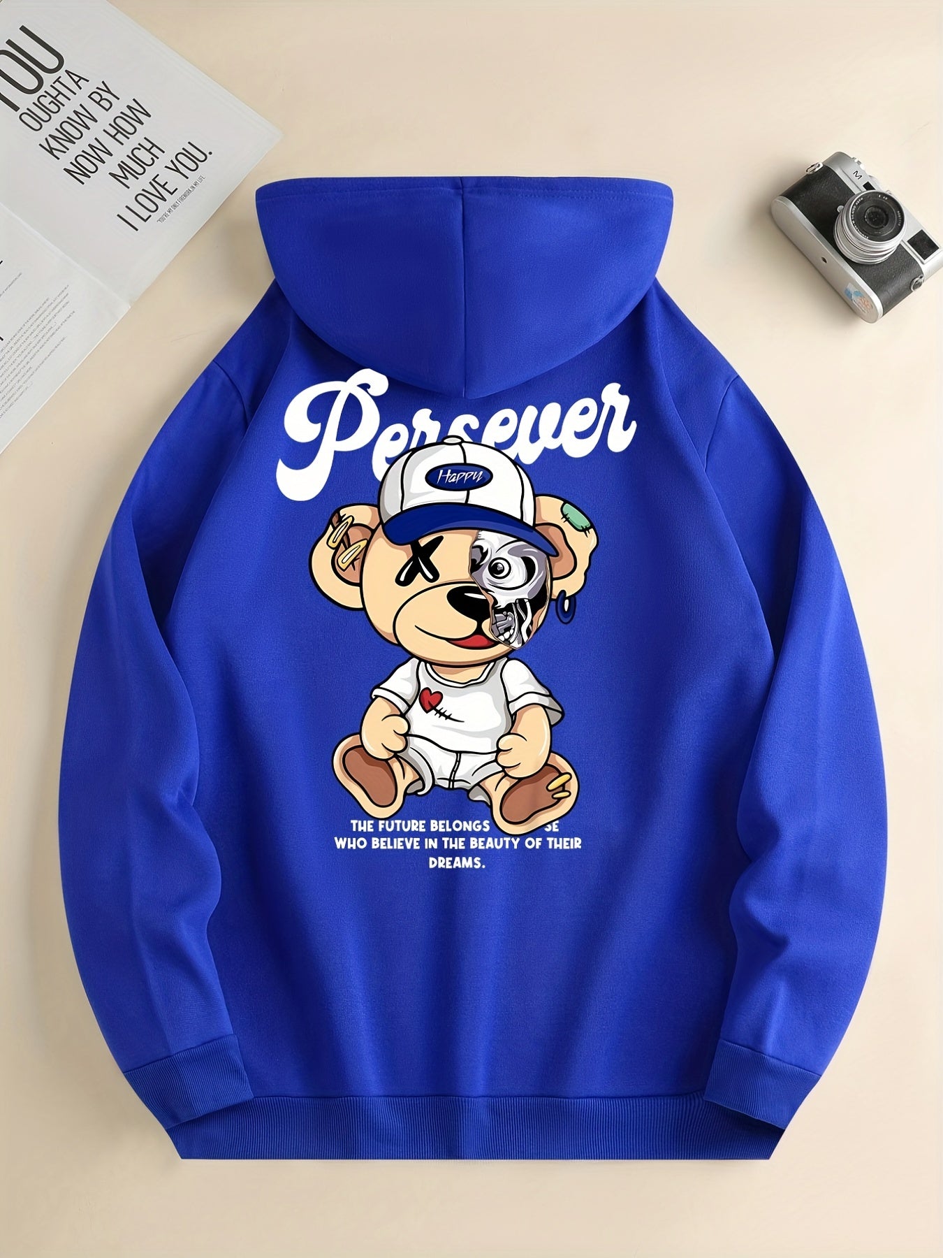 Cute Cartoon Bear Print Hoodie for Men – Casual Pullover Streetwear Sweatshirt with Kangaroo Pocket | Spring & Fall Fashion | Gift Idea
