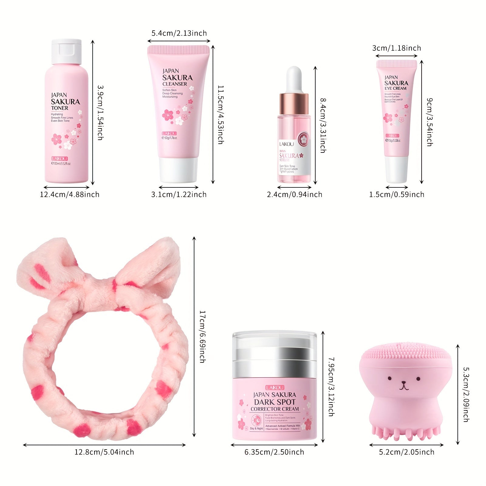 LAIKOU Sakura Facial Skincare Kit for Women - Hypoallergenic 7-Piece Set with Cleanser, Toner, Serum, Eye Cream, Spot Corrector Cream, Silicone Brush, Hairband - Vitamin C, Hyaluronic Acid - Moisturizing, Brightening, Anti-Ag