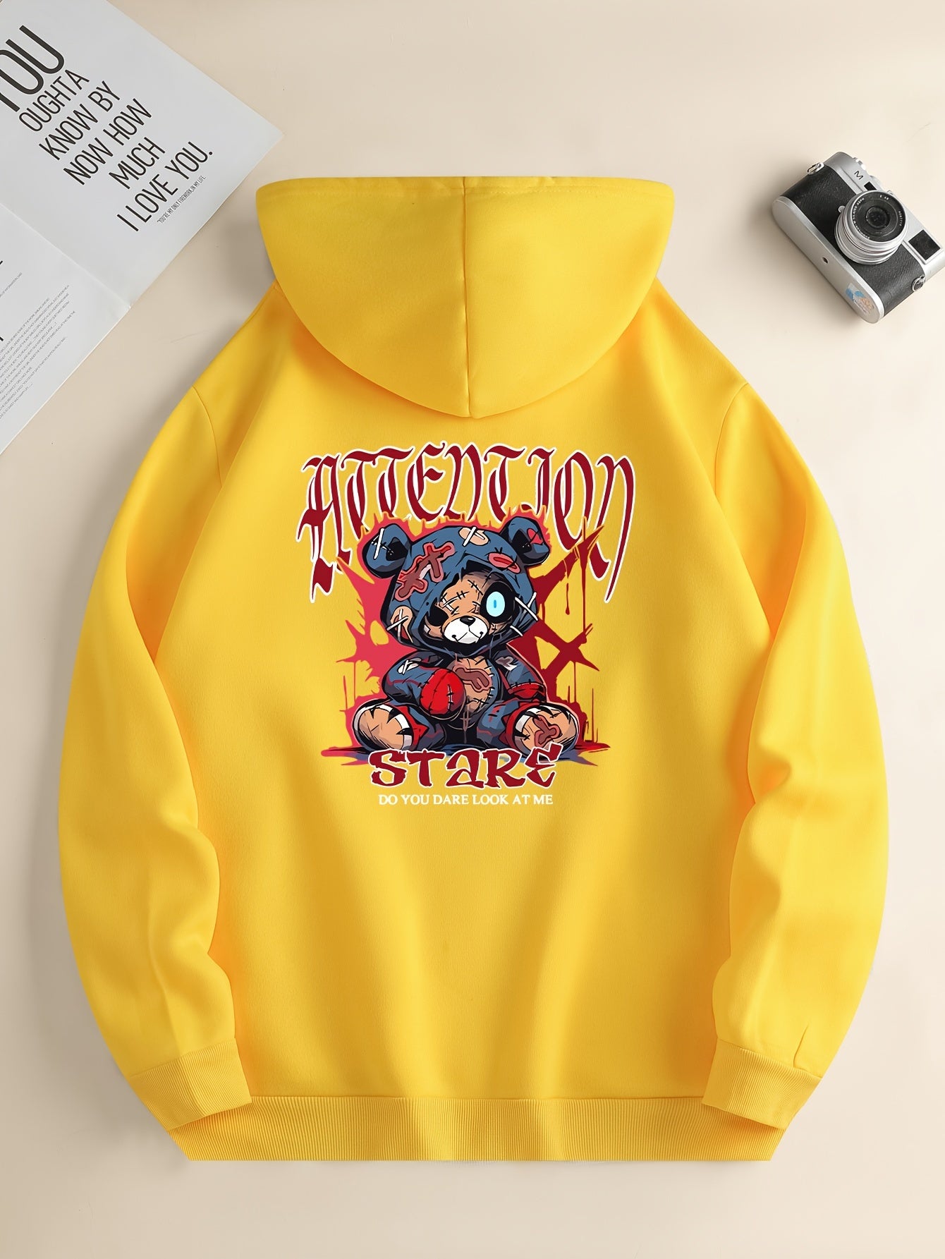 Men’s Cartoon Bear Graphic Hoodie – Casual Pullover with Kangaroo Pocket