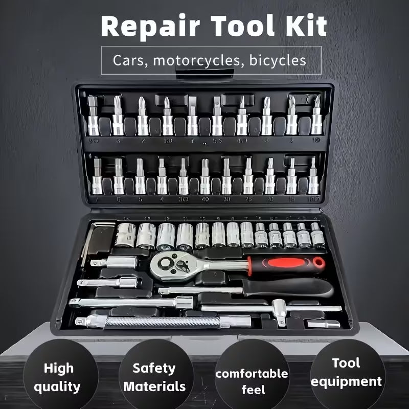 46-Piece Heavy Duty Socket Wrench Tool Set – Universal Car & Motorcycle Repair Kit with Storage Case