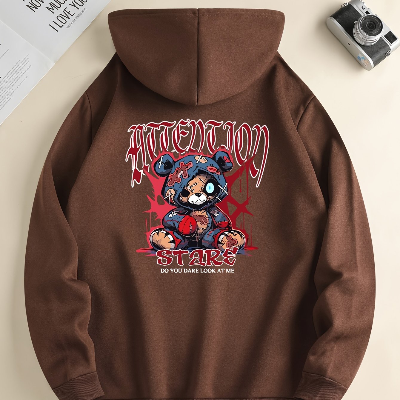 Men’s Cartoon Bear Graphic Hoodie – Casual Pullover with Kangaroo Pocket