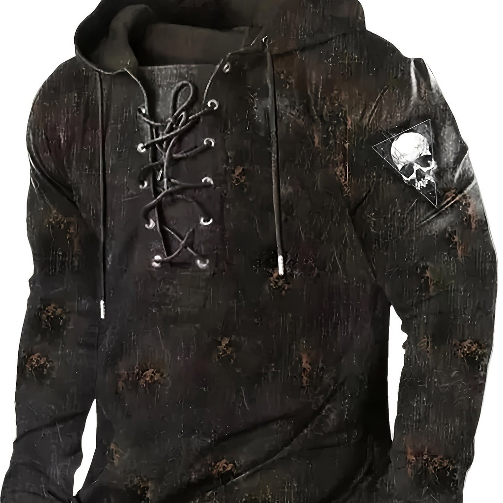 Retro Lace-Up Gothic Graphic Hoodie for Men – Streetwear Casual Floral Print Hooded Sweatshirt | Spring, Fall & Winter Fashion | Gift Idea