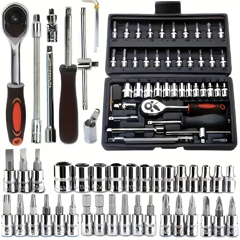 46-Piece Heavy Duty Socket Wrench Tool Set – Universal Car & Motorcycle Repair Kit with Storage Case