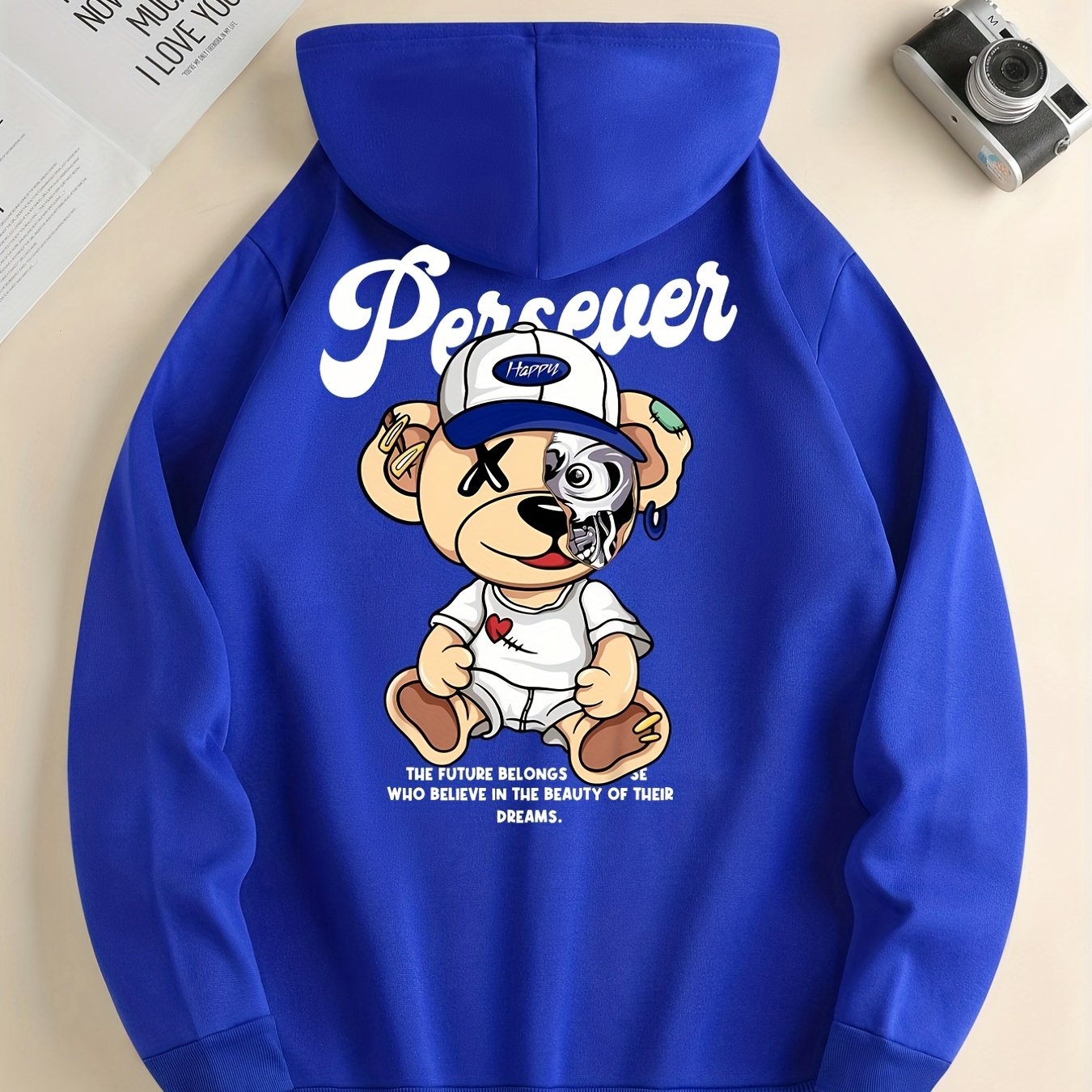 Cute Cartoon Bear Print Hoodie for Men – Casual Pullover Streetwear Sweatshirt with Kangaroo Pocket | Spring & Fall Fashion | Gift Idea