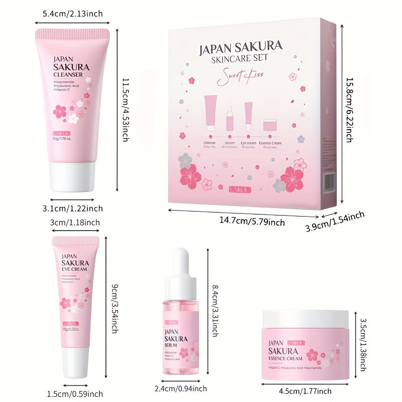 LAIKOU Sakura Cherry Blossom Skincare Set - 4pcs Cleanser, Toner, Eye Cream & Face Cream with Glycerin, Moisturizing for All Light Beige Types, Daily Care Essentials, Daily Skincare|Cherry Blossom Design|Glycerin Enriched, Sa