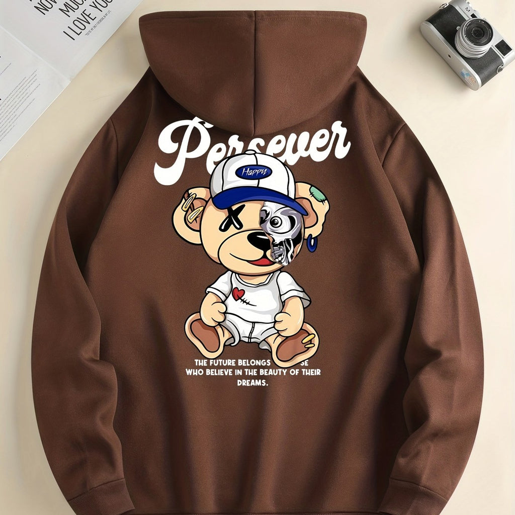 Cute Cartoon Bear Print Hoodie for Men – Casual Pullover Streetwear Sweatshirt with Kangaroo Pocket | Spring & Fall Fashion | Gift Idea