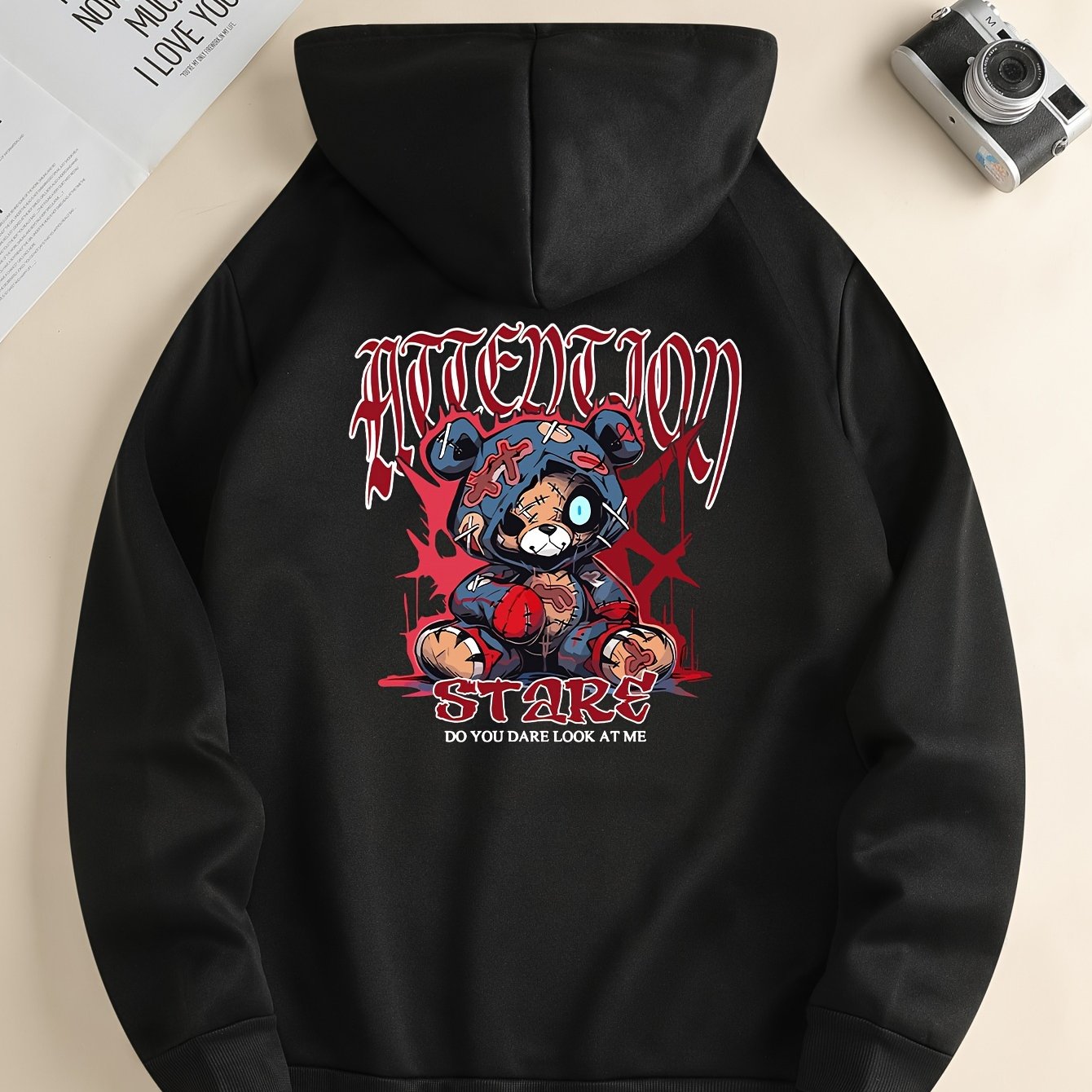 Men’s Cartoon Bear Graphic Hoodie – Casual Pullover with Kangaroo Pocket