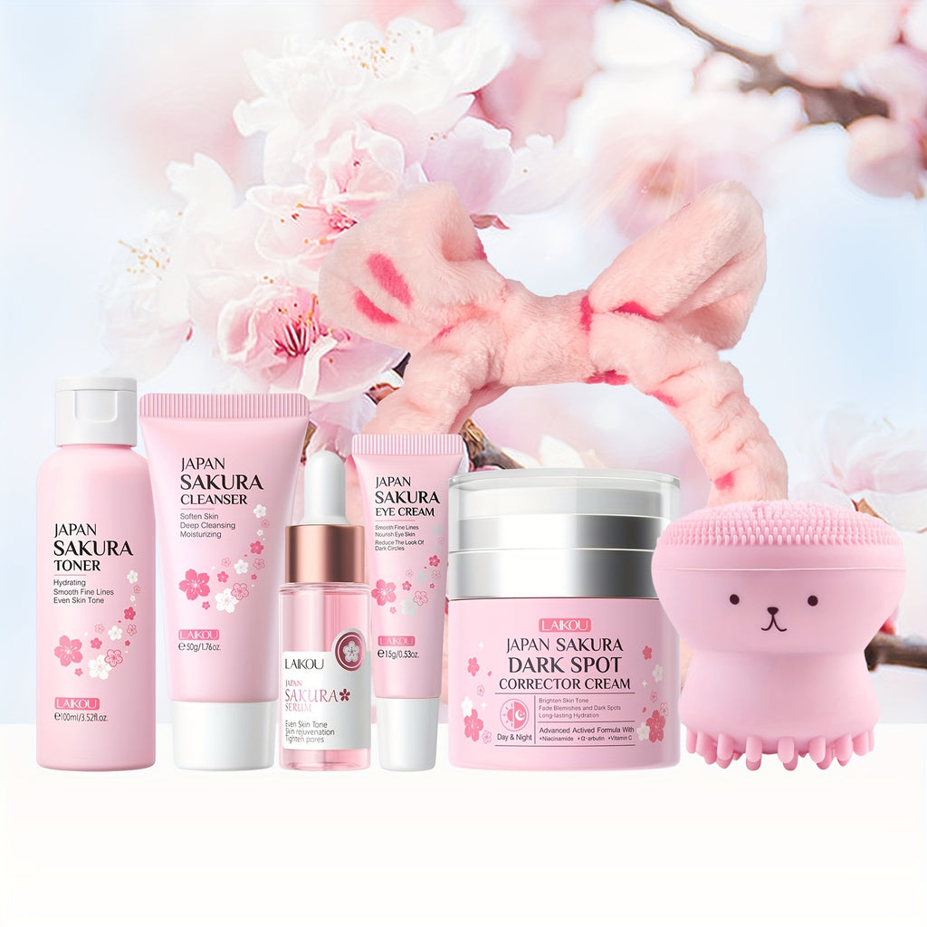 LAIKOU Sakura Skincare Kit for Women – 7PCS Vitamin C Brightening & Moisturizing Set