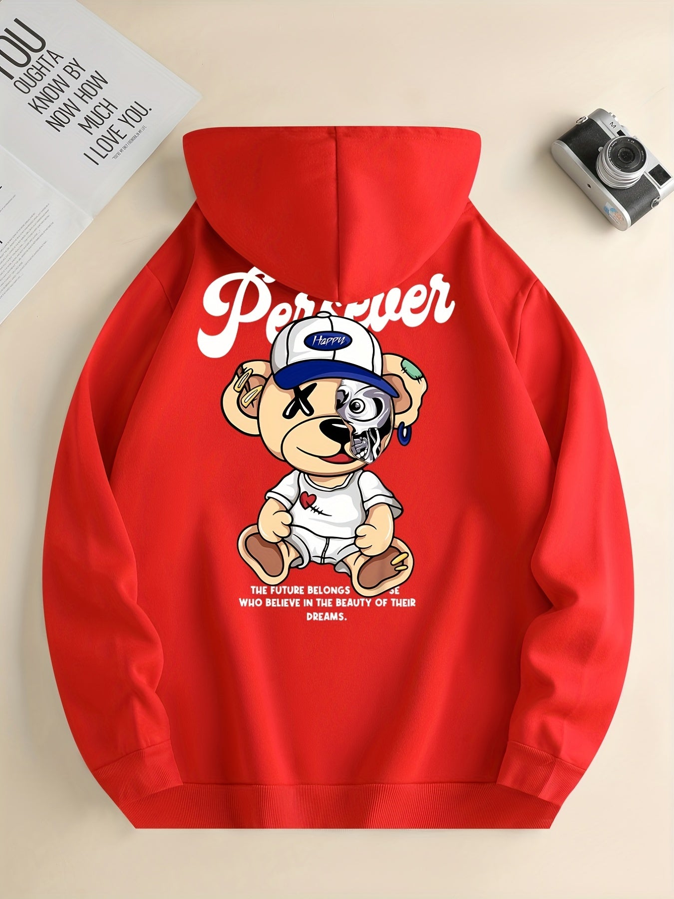 Cute Cartoon Bear Print Hoodie for Men – Casual Pullover Streetwear Sweatshirt with Kangaroo Pocket | Spring & Fall Fashion | Gift Idea