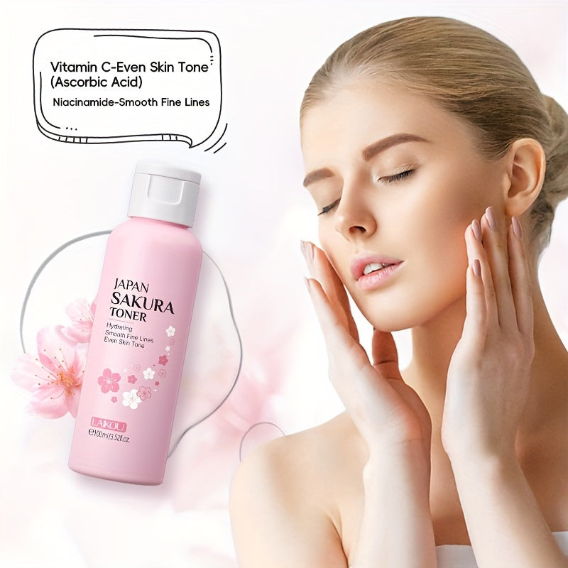 LAIKOU Sakura Facial Skincare Kit for Women - Hypoallergenic 7-Piece Set with Cleanser, Toner, Serum, Eye Cream, Spot Corrector Cream, Silicone Brush, Hairband - Vitamin C, Hyaluronic Acid - Moisturizing, Brightening, Anti-Ag