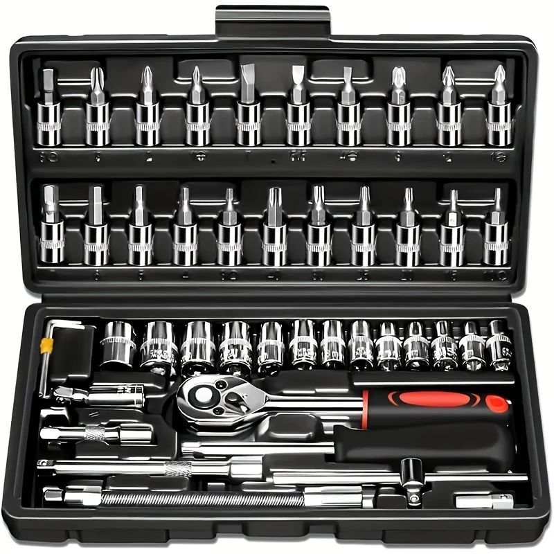 46-Piece Heavy Duty Socket Wrench Tool Set – Universal Car & Motorcycle Repair Kit with Storage Case