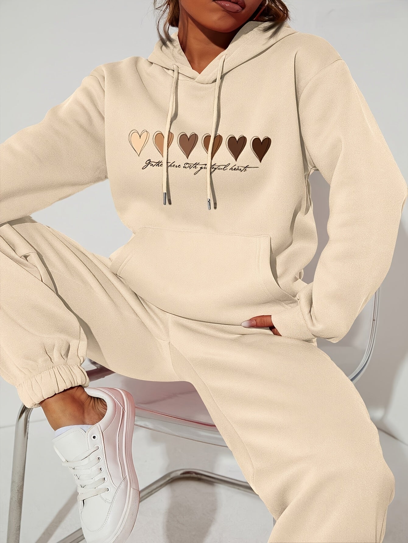 Heart Print Kangaroo Pocket Hoodie, Casual Long Sleeve Drawstring Hoodies Sweatshirt, Women's Clothing