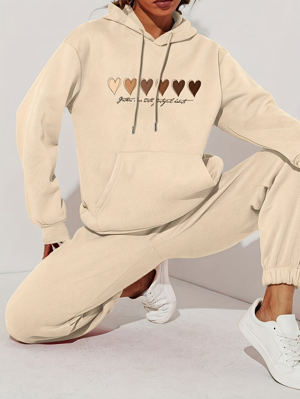 Heart Print Kangaroo Pocket Hoodie, Casual Long Sleeve Drawstring Hoodies Sweatshirt, Women's Clothing