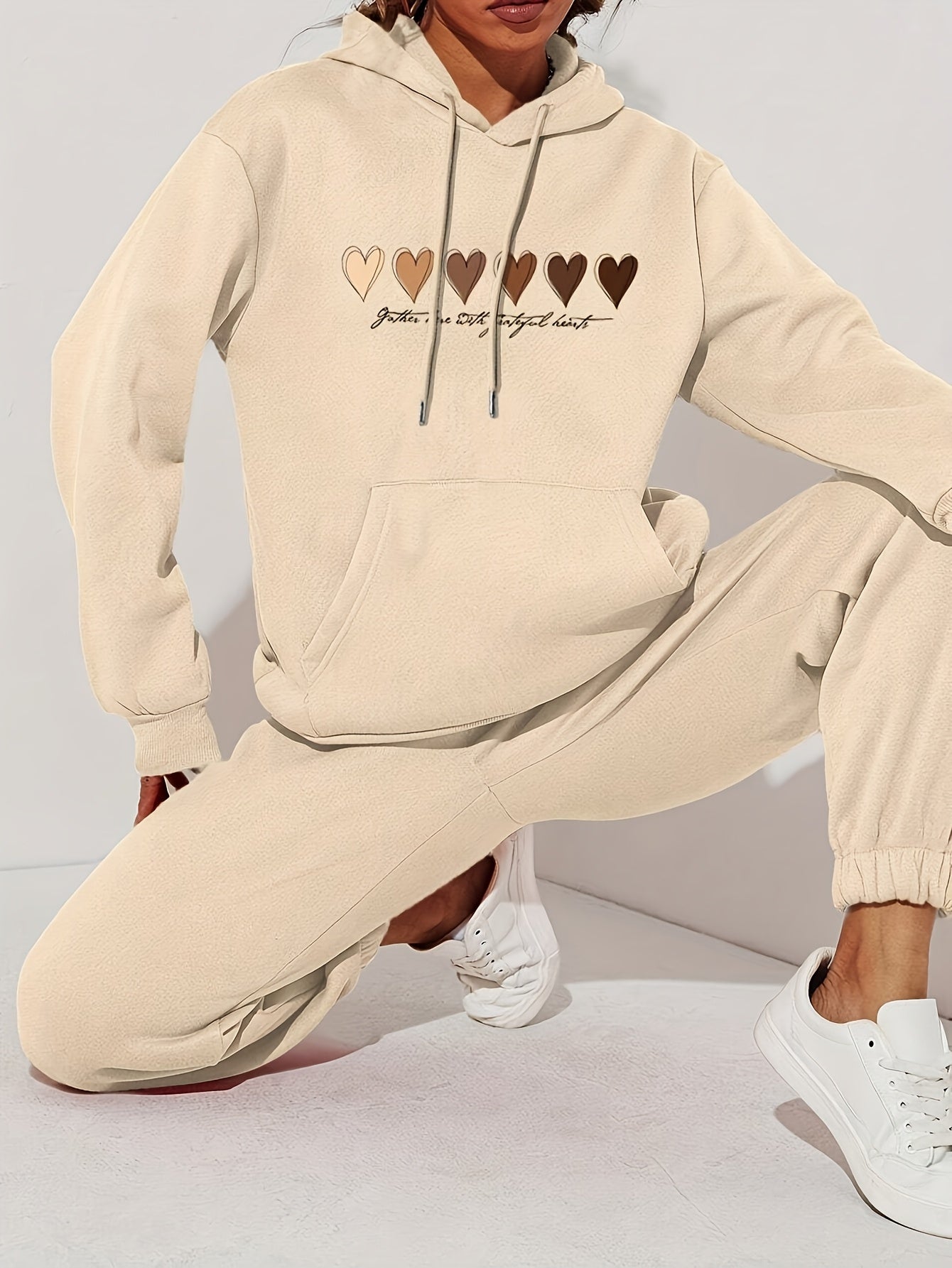 Heart Print Kangaroo Pocket Hoodie, Casual Long Sleeve Drawstring Hoodies Sweatshirt, Women's Clothing