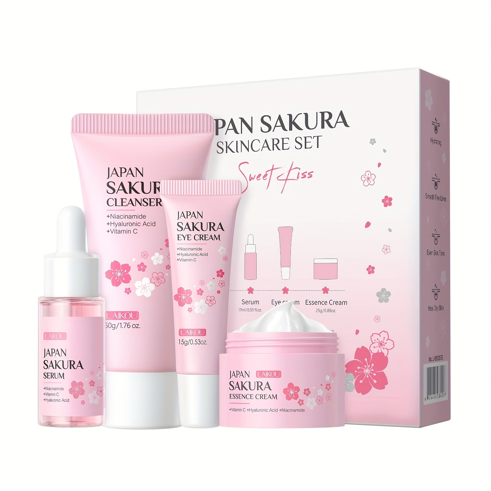 LAIKOU Sakura Cherry Blossom Skincare Set - 4pcs Cleanser, Toner, Eye Cream & Face Cream with Glycerin, Moisturizing for All Light Beige Types, Daily Care Essentials, Daily Skincare|Cherry Blossom Design|Glycerin Enriched, Sa