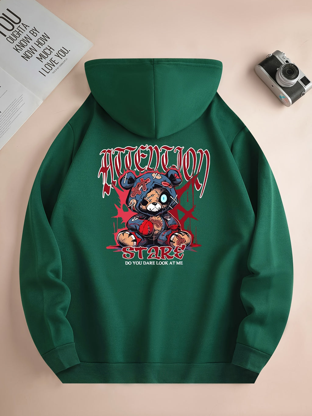 Men’s Cartoon Bear Graphic Hoodie – Casual Pullover with Kangaroo Pocket
