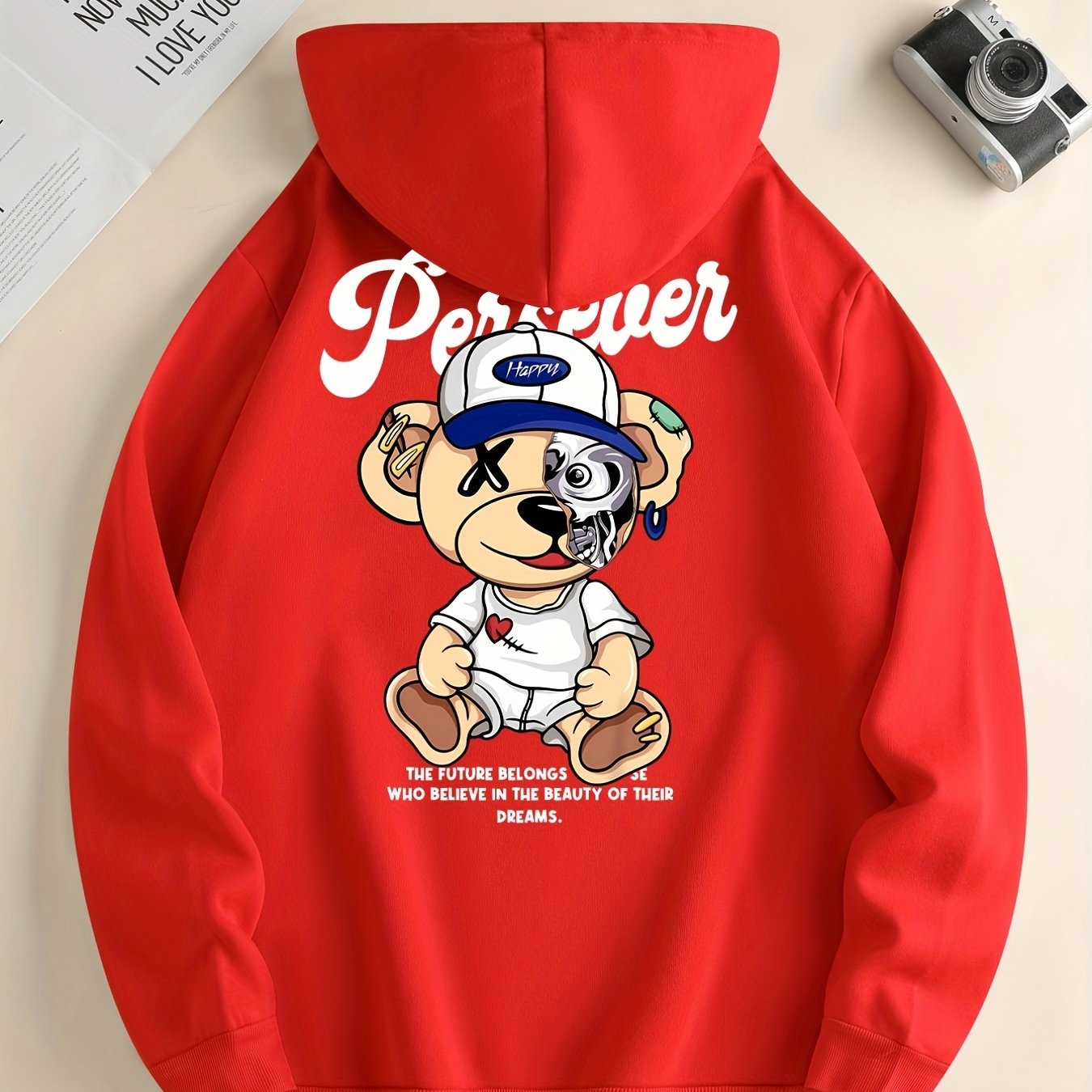 Cute Cartoon Bear Print Hoodie for Men – Casual Pullover Streetwear Sweatshirt with Kangaroo Pocket | Spring & Fall Fashion | Gift Idea
