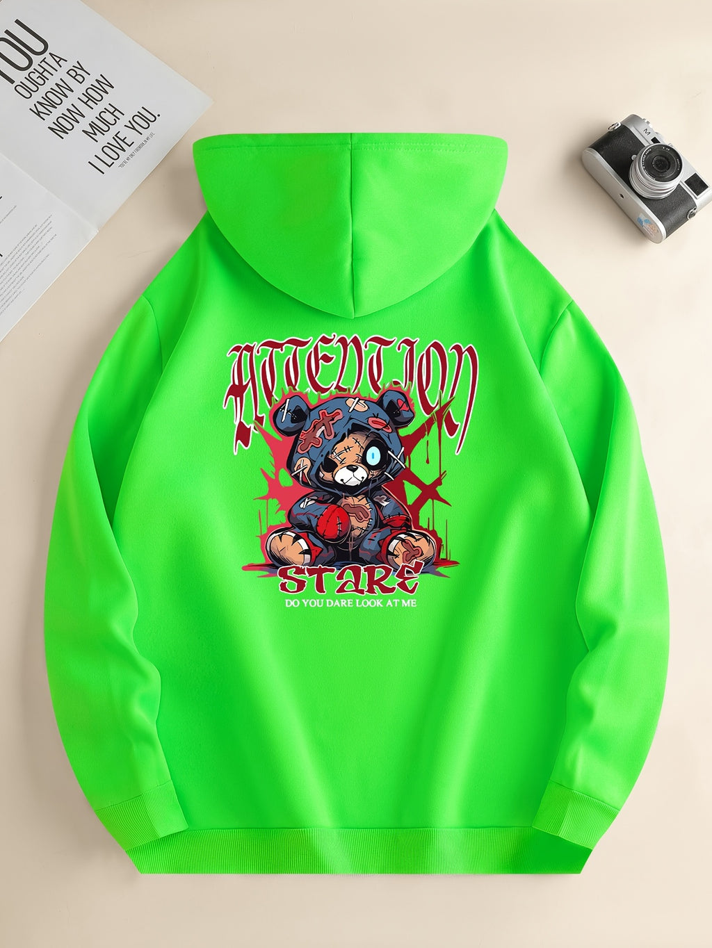 Men’s Cartoon Bear Graphic Hoodie – Casual Pullover with Kangaroo Pocket