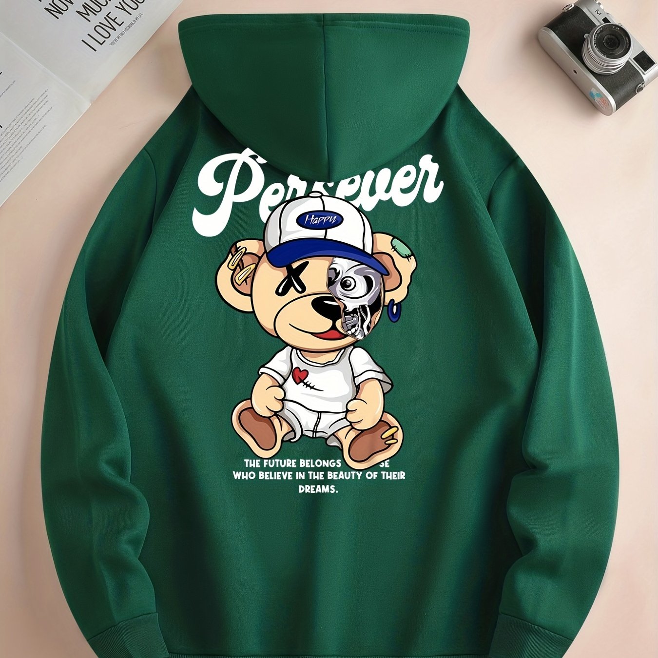 Cute Cartoon Bear Print Hoodie for Men – Casual Pullover Streetwear Sweatshirt with Kangaroo Pocket | Spring & Fall Fashion | Gift Idea