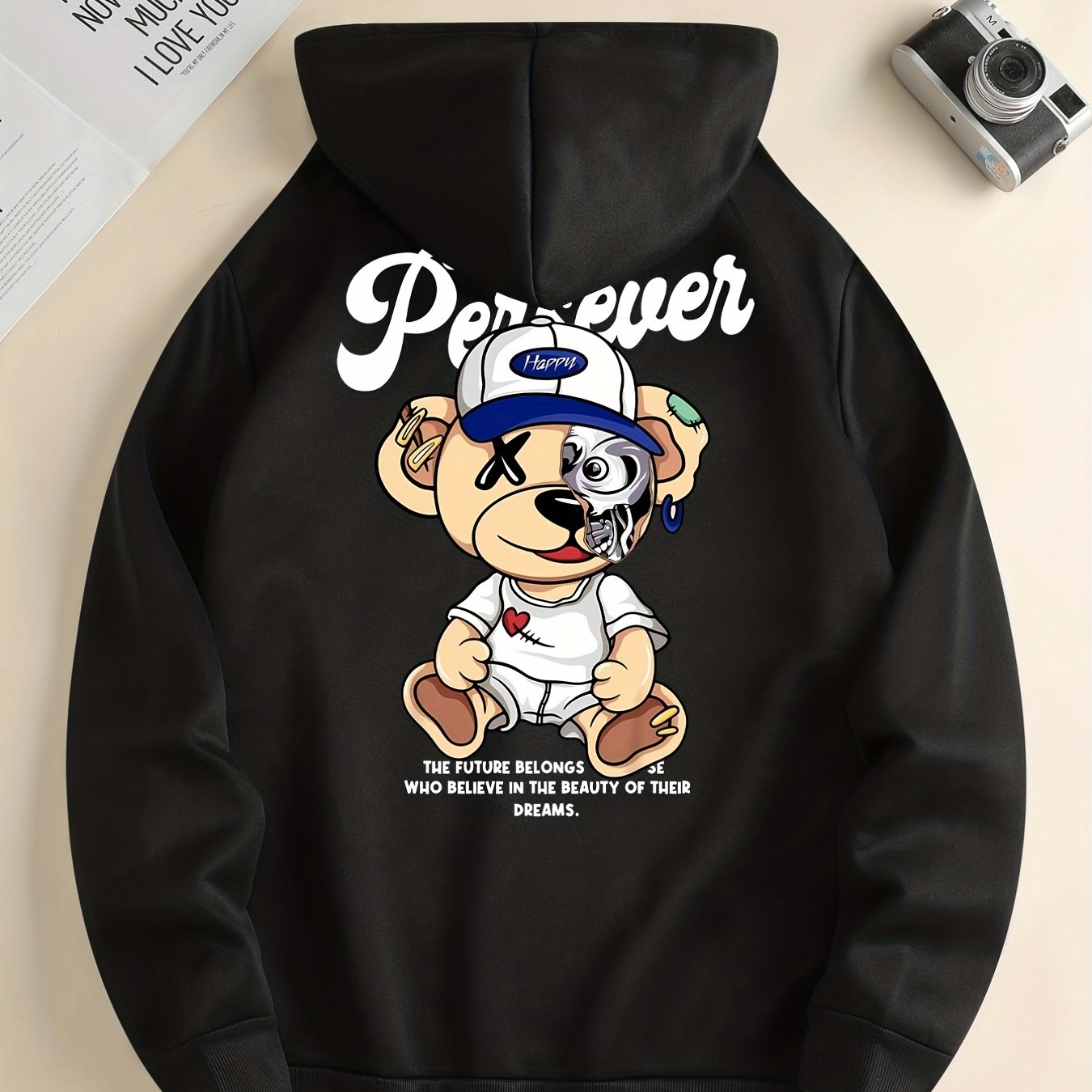 Cute Cartoon Bear Print Hoodie for Men – Casual Pullover Streetwear Sweatshirt with Kangaroo Pocket | Spring & Fall Fashion | Gift Idea