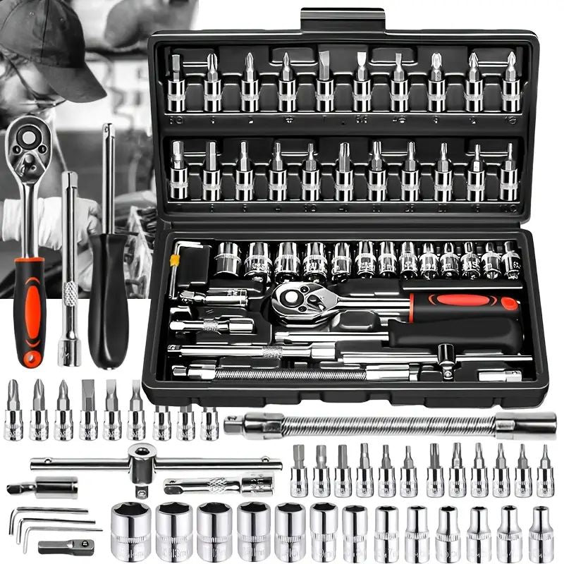 46-Piece Heavy Duty Socket Wrench Tool Set – Universal Car & Motorcycle Repair Kit with Storage Case