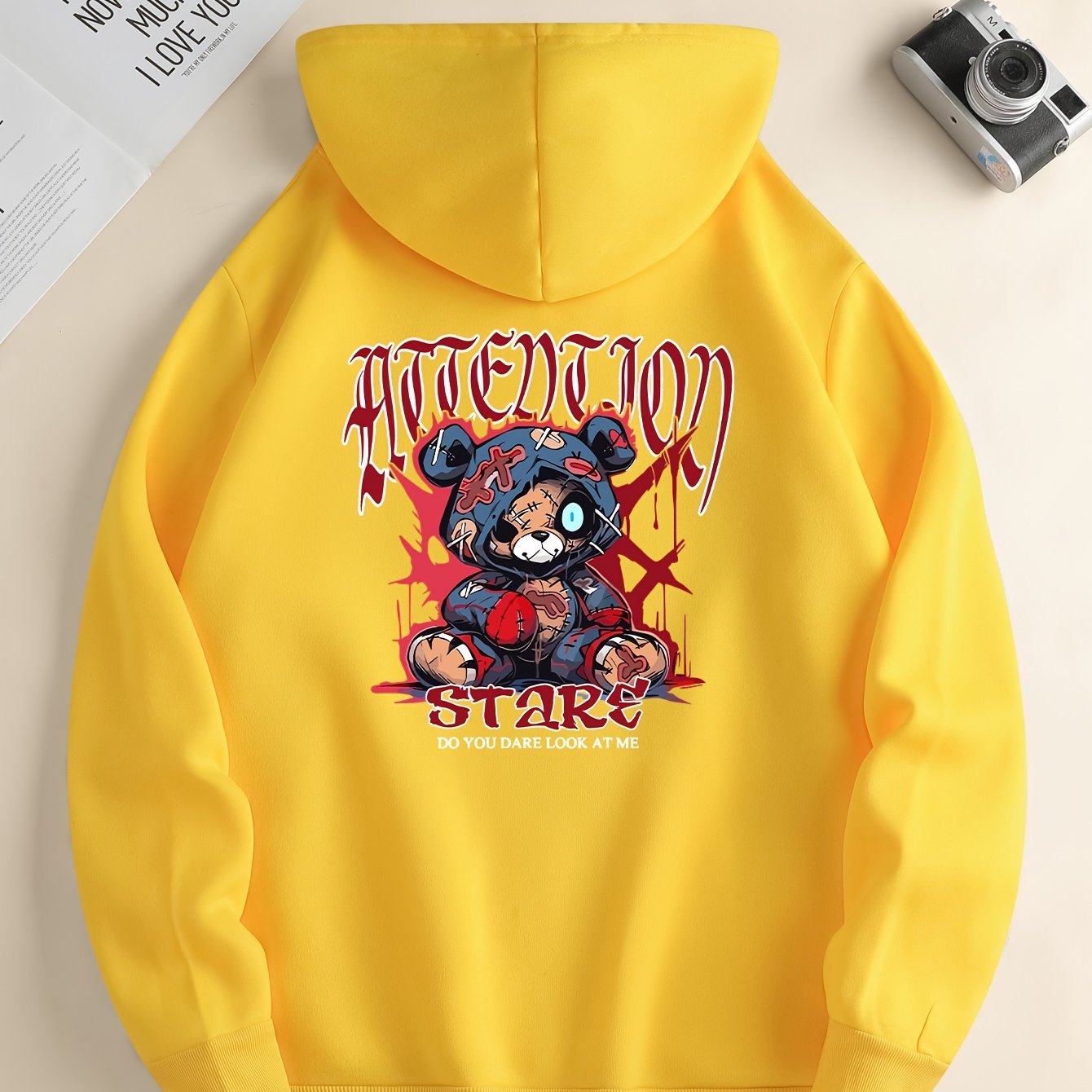 Men’s Cartoon Bear Graphic Hoodie – Casual Pullover with Kangaroo Pocket