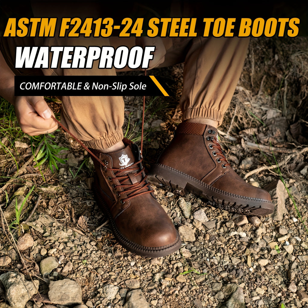 Men’s Heavy Duty Steel Toe Work Boots – 6 Inch Slip-Resistant Industrial Outdoor Shoes | All-Terrain Rubber Sole | Cushioned Arch Support | All Season Construction Safety Boots