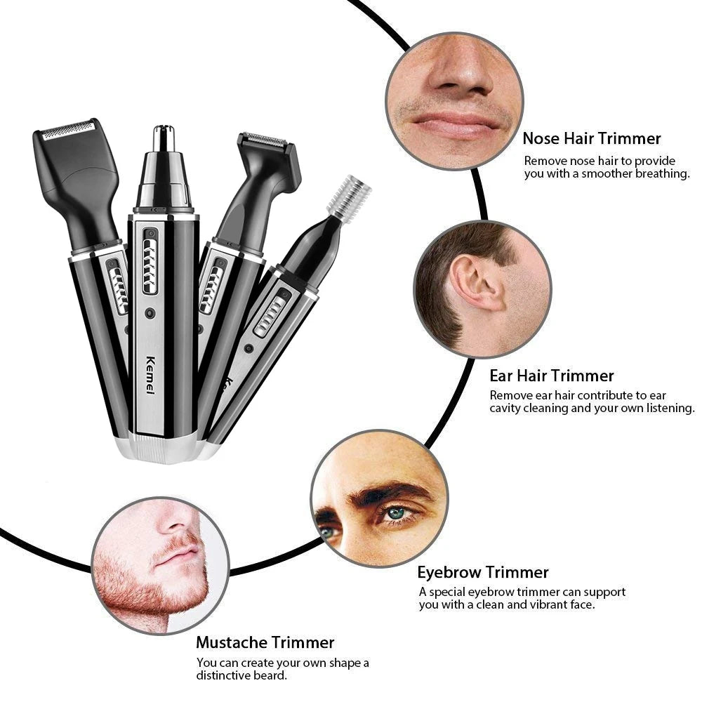 Kemei 4in1 Rechargeable Nose Hair Trimmer for Men – Ear, Eyebrow & Beard Grooming Kit, Precision Clean Machine