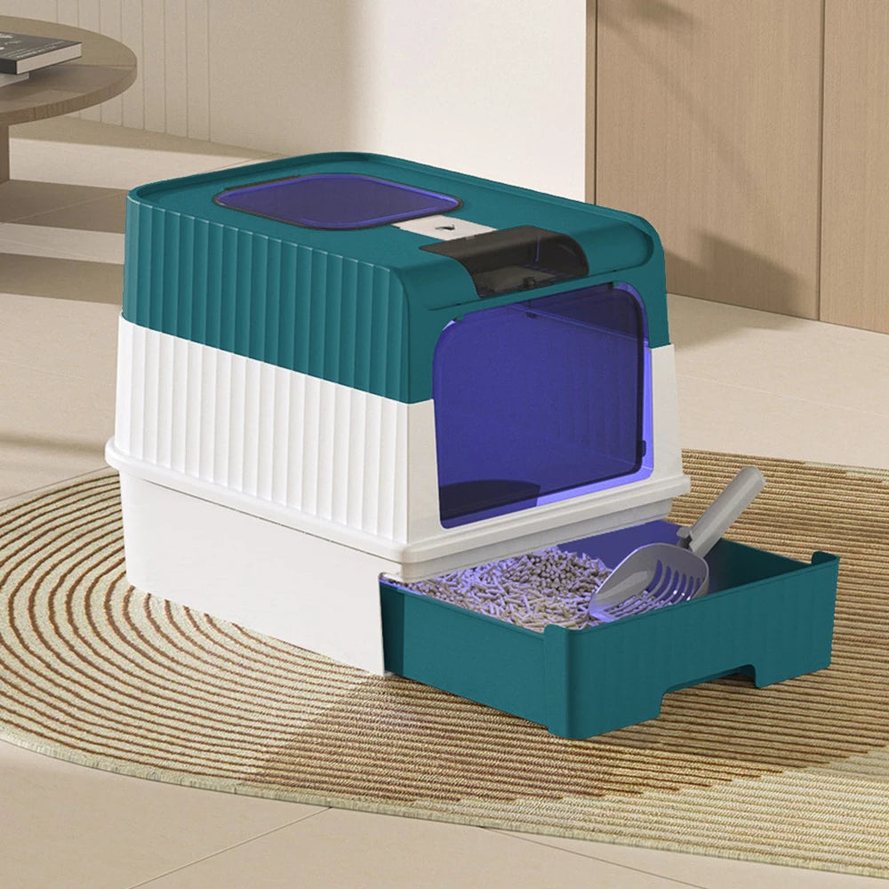 Tieker Enclosed UV Sterilizing Cat Litter Box – Top Entry, Large Capacity, Splash-Proof Pet Toilet