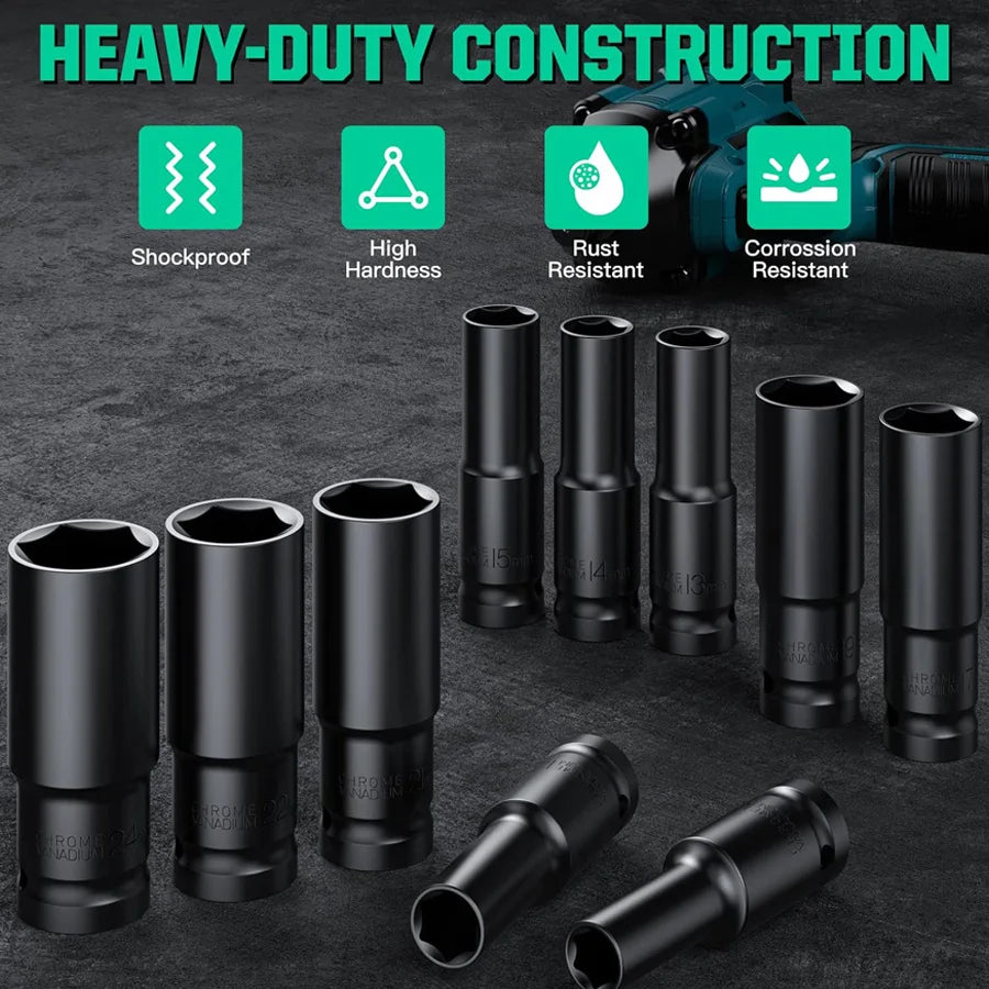 1/2Inch Drive 6-Point Impact Socket Set 10-20 pcs/set Metric Sizes Carbon Steel Impact Socket Set with Hard Storage Box