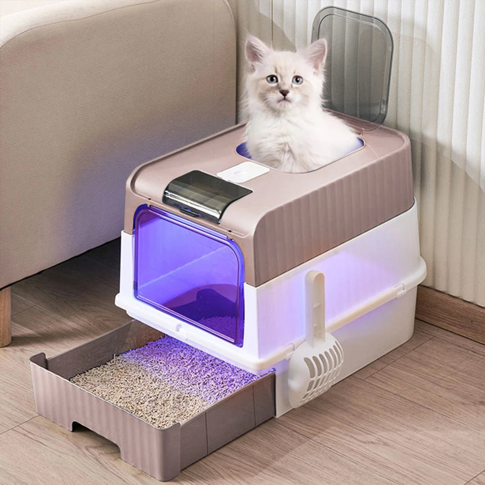Tieker Enclosed UV Sterilizing Cat Litter Box – Top Entry, Large Capacity, Splash-Proof Pet Toilet