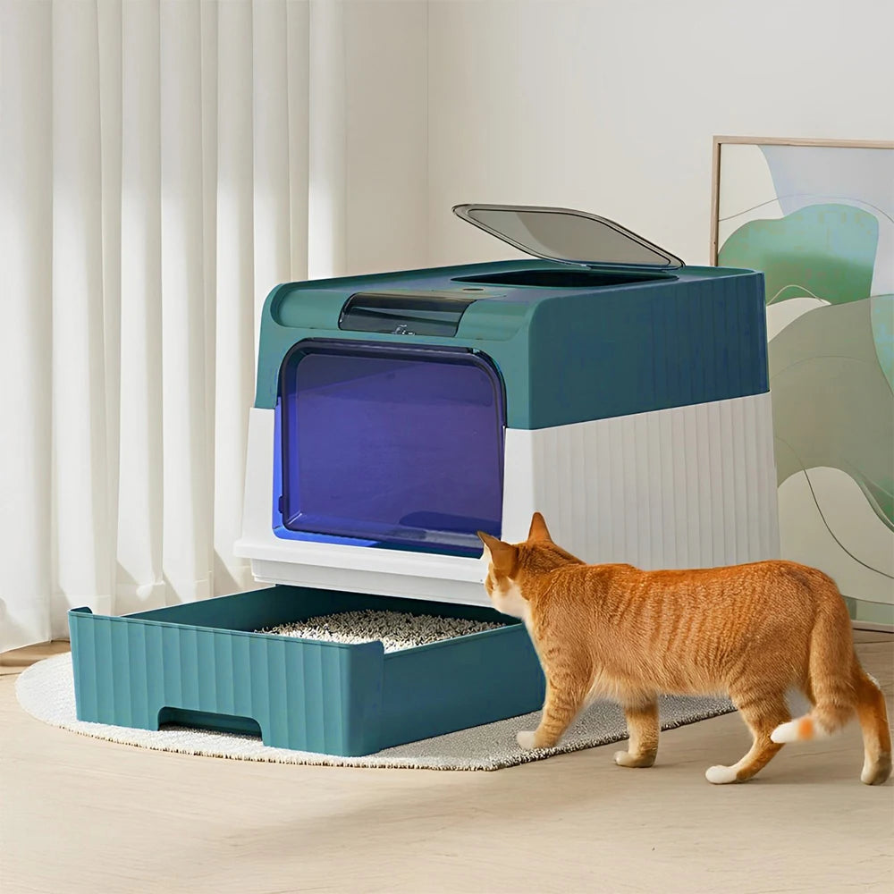 Tieker Enclosed UV Sterilizing Cat Litter Box – Top Entry, Large Capacity, Splash-Proof Pet Toilet