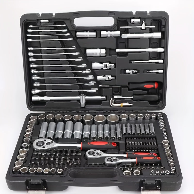 216/46-Piece Universal Socket & Ratchet Tool Set – SAE & Metric Mechanical Repair Kit | 72-Tooth Automotive Wrench Set | Chrome Vanadium Steel Garage Toolbox